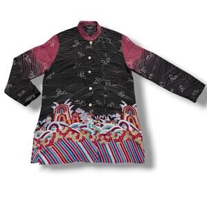 Citron Santa Monica 100% Silk Tunic Shirt Asian Wave Art To Wear Black Sz L